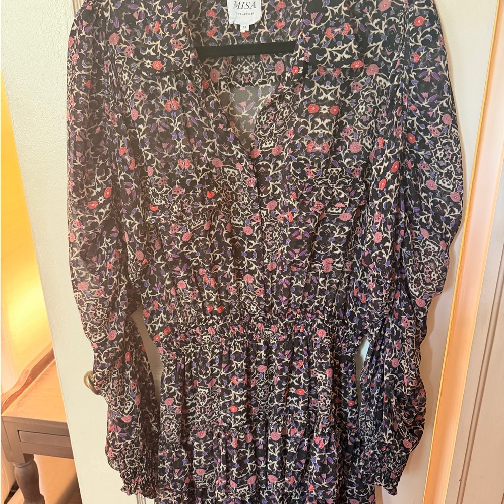 Misa Los Angeles Black Floral Button-Front Blouse with Pink & Purple Blossoms